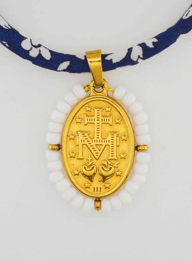 Médaille Miraculeuse Perlée - Cordon Liberty Bleu (pic 2)