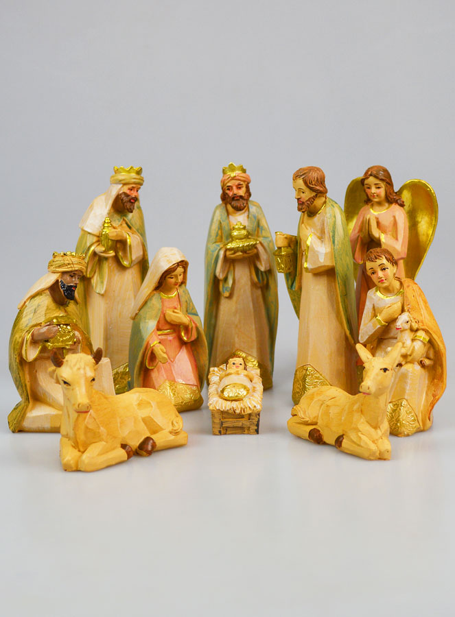 Crèche de Noël 11 Santons Effet Bois - 14cm (pic 1)