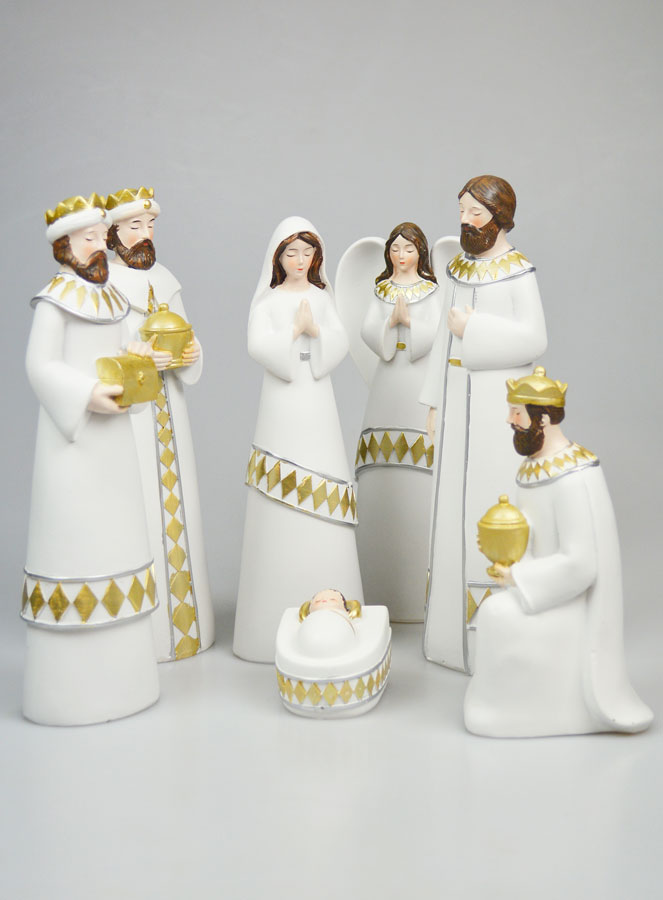 Crèche de Noël 7 Santons Blanc & Or - 25cm (pic 1)