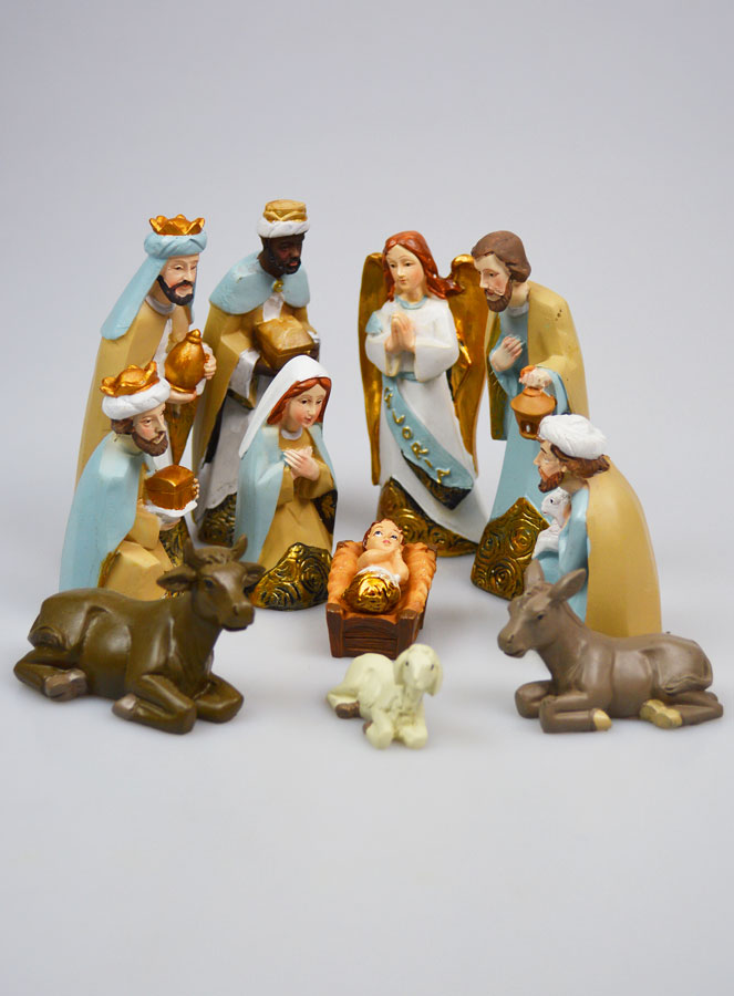 Crèche de Noël 11 Santons Bleu et Or - 12cm (pic 1)