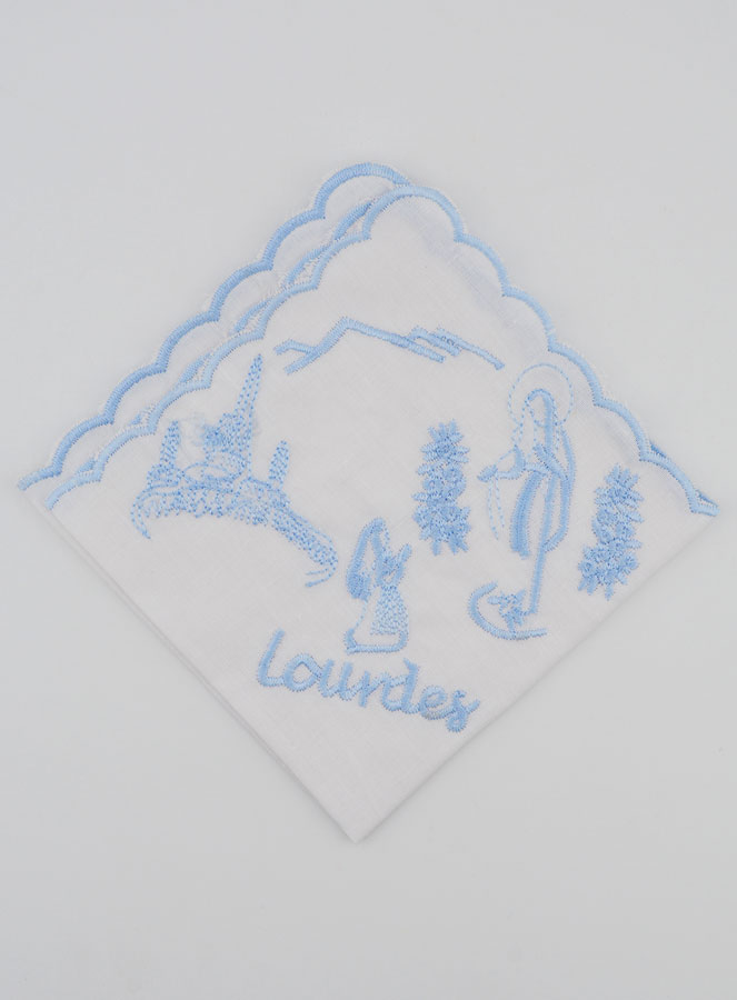 Mouchoir Brodé Souvenir de Lourdes Bleu (pic 1)