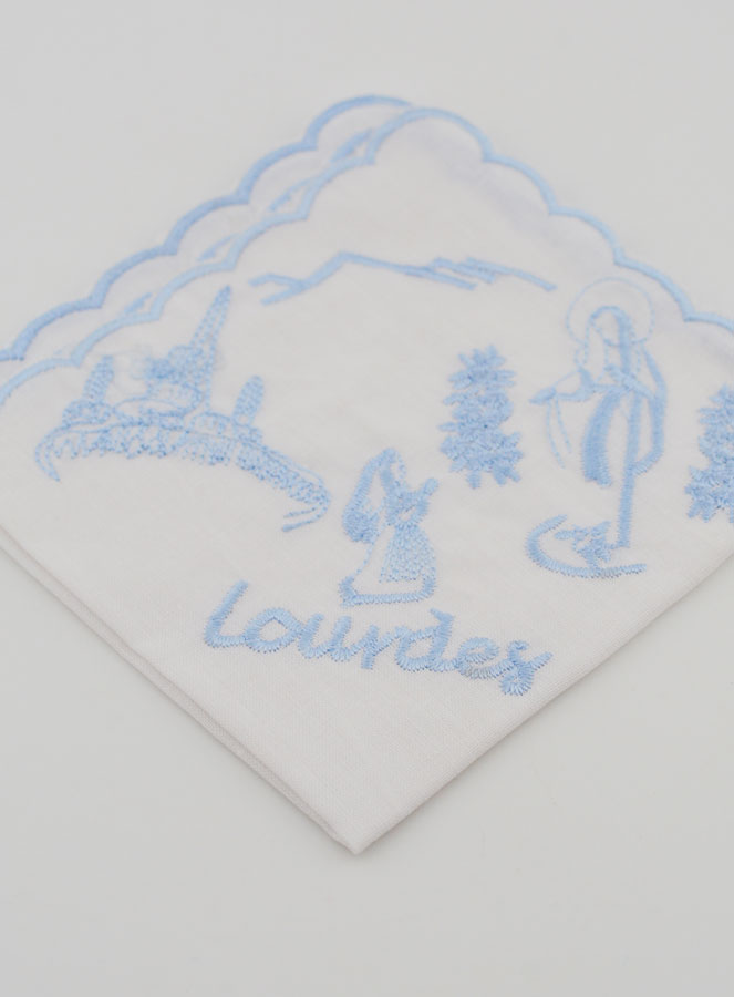 Mouchoir Brodé Souvenir de Lourdes Bleu (pic 2)