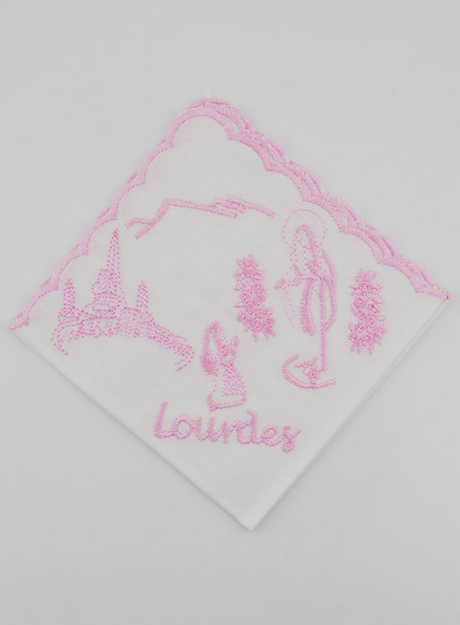 Mouchoir Brodé Souvenir de Lourdes Rose (pic 1)