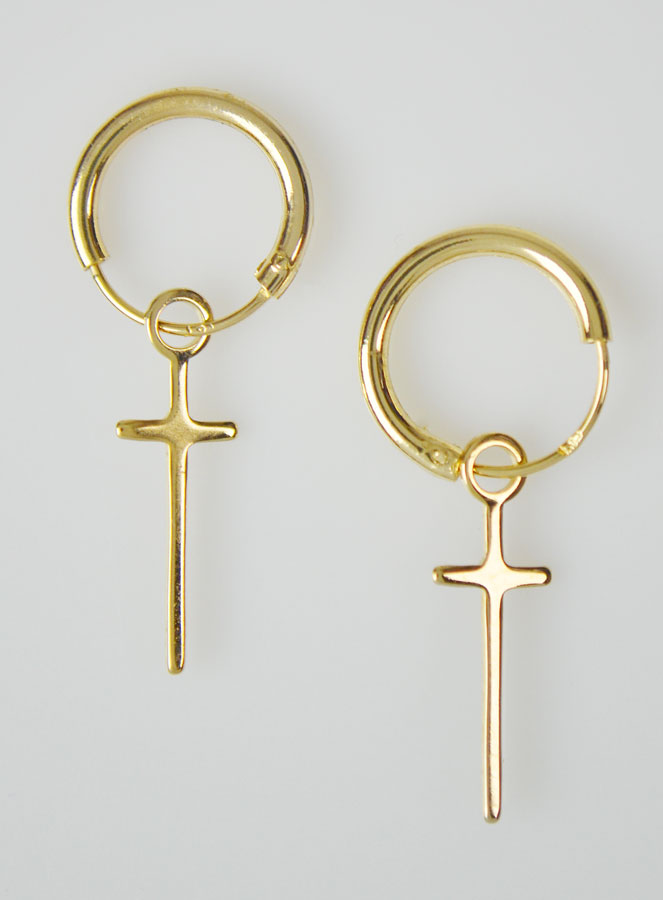 Boucles d'Oreilles Créoles Grande Croix en Plaqué Or (pic 1)