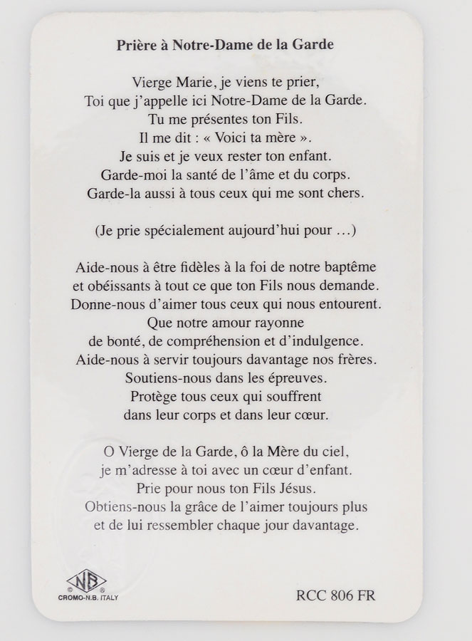 Carte de Prière Médaille Notre Dame de la Garde (pic 2)