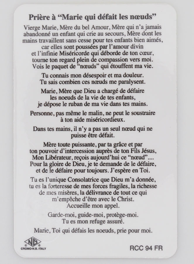 Carte de Prière Médaille Marie qui Défait les Noeuds (pic 2)