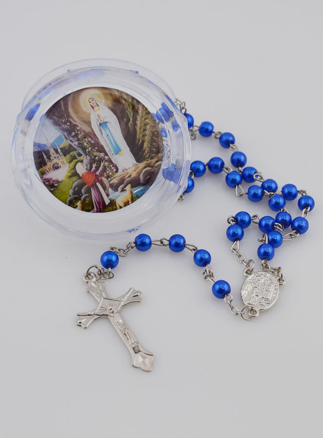 Chapelet de Lourdes en Perles Bleues Nacrées - Boîte Cadeau (pic 1)