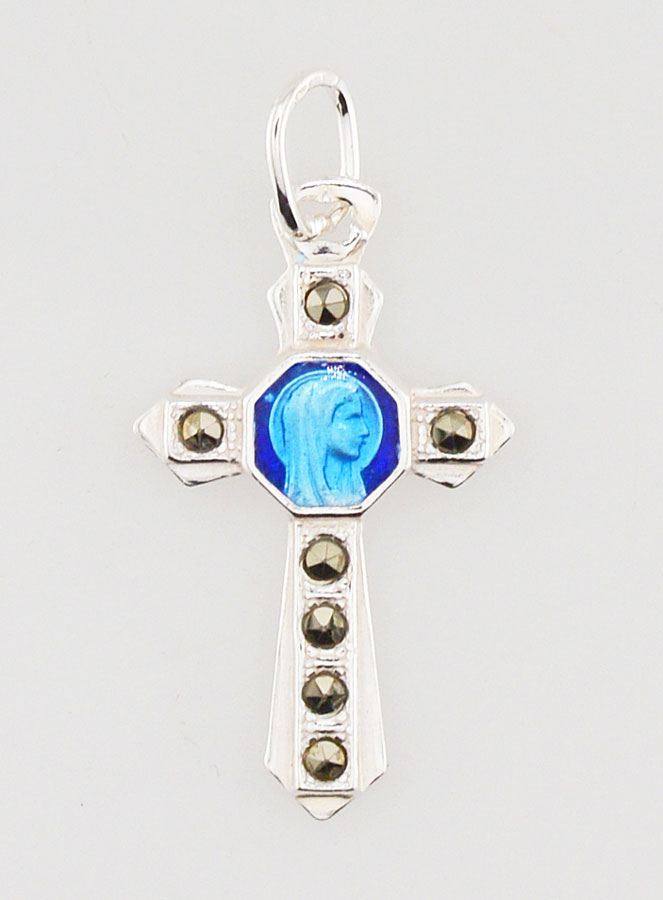 Pendentif Croix en Argent Massif et Email bleu - 23mm (pic 1)