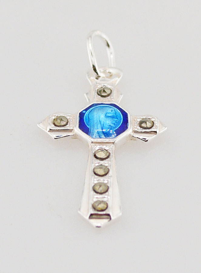 Pendentif Croix en Argent Massif et Email bleu - 23mm (pic 2)