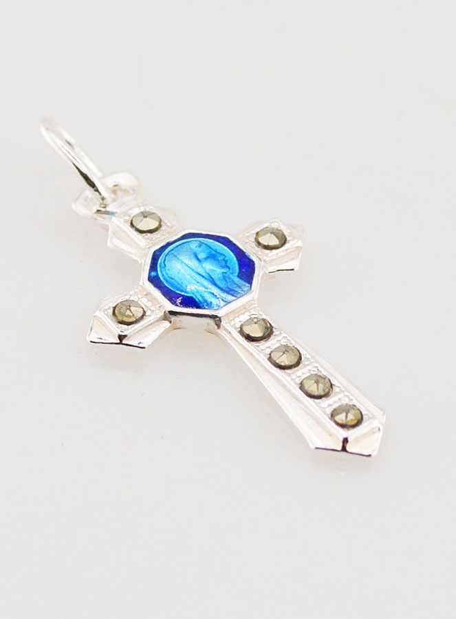 Pendentif Croix en Argent Massif et Email bleu - 23mm (pic 3)