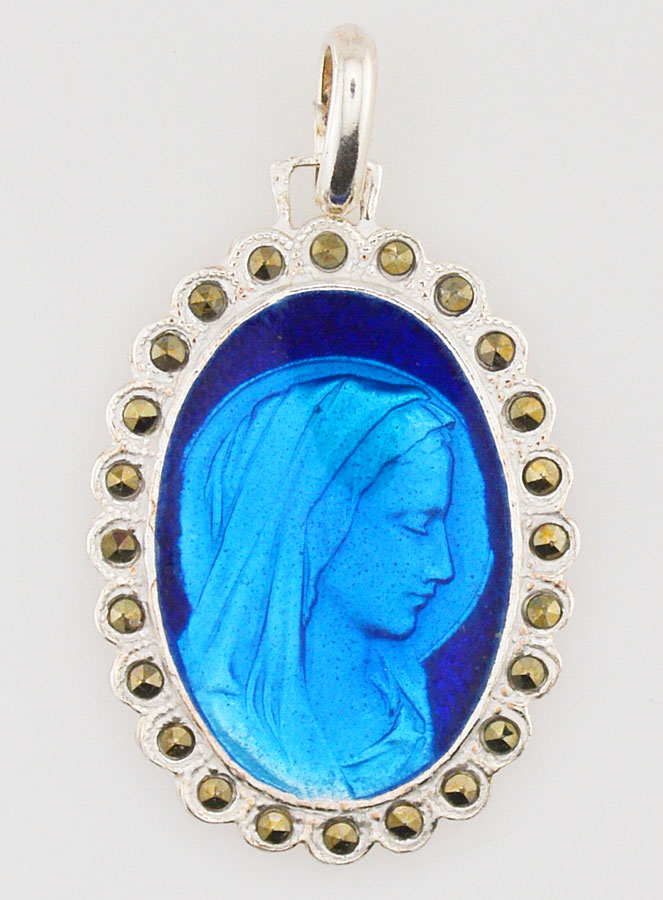 Médaille Sainte Vierge Marie en Argent et Email Bleu - 30mm (pic 1)