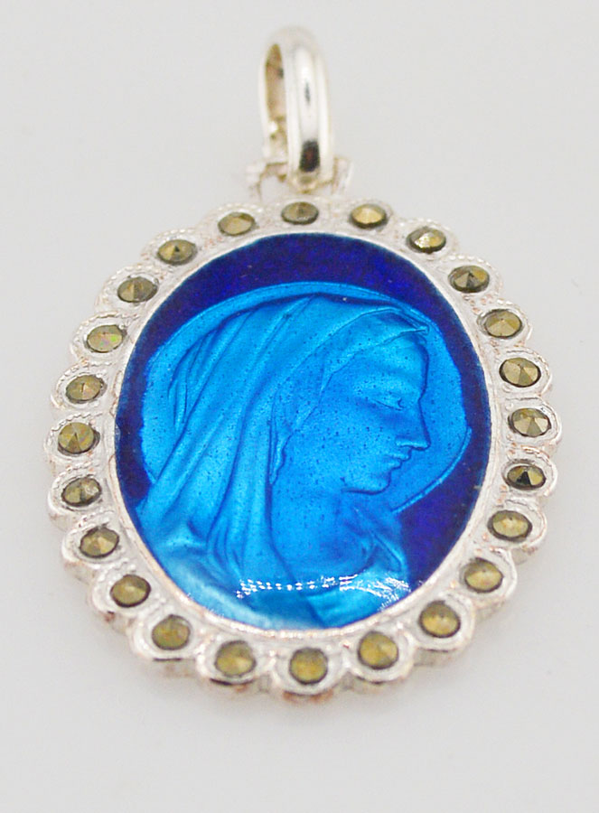 Médaille Sainte Vierge Marie en Argent et Email Bleu - 30mm (pic 2)