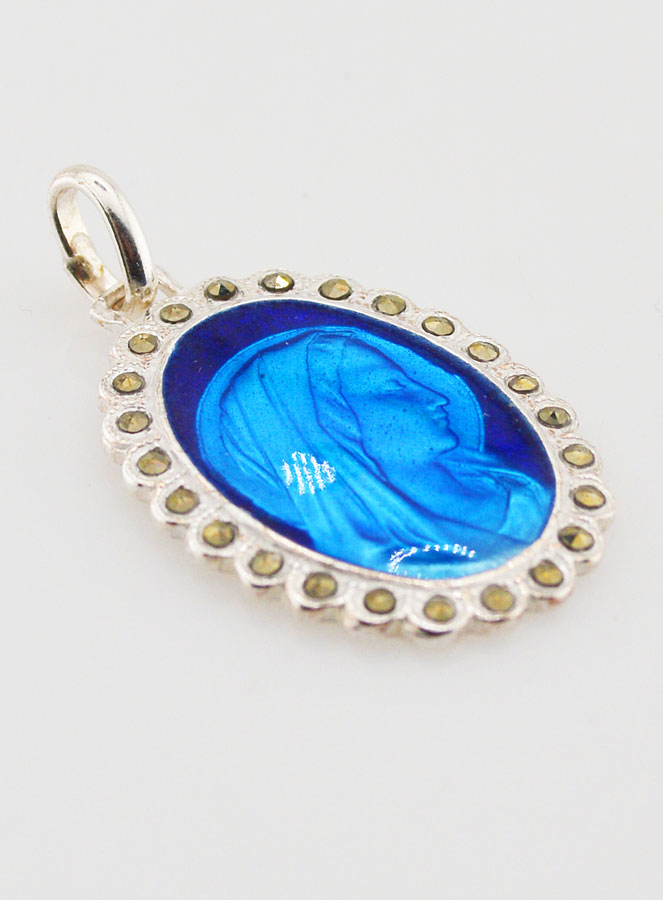 Médaille Sainte Vierge Marie en Argent et Email Bleu - 30mm (pic 3)