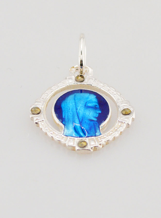 Médaille Vierge Marie Ajourée - Argent et Email Bleu - 16mm (pic 2)