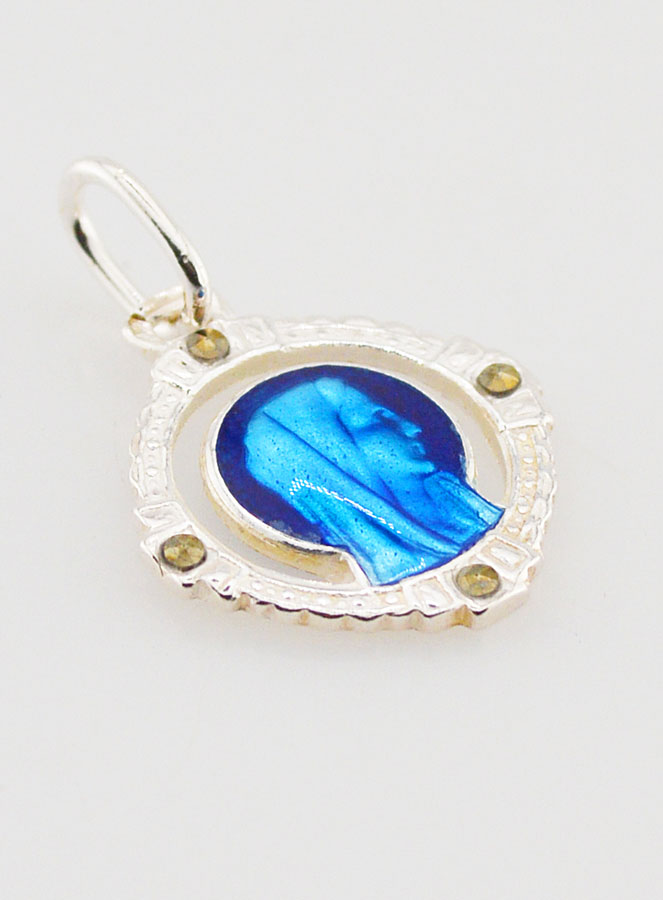 Médaille Vierge Marie Ajourée - Argent et Email Bleu - 16mm (pic 3)