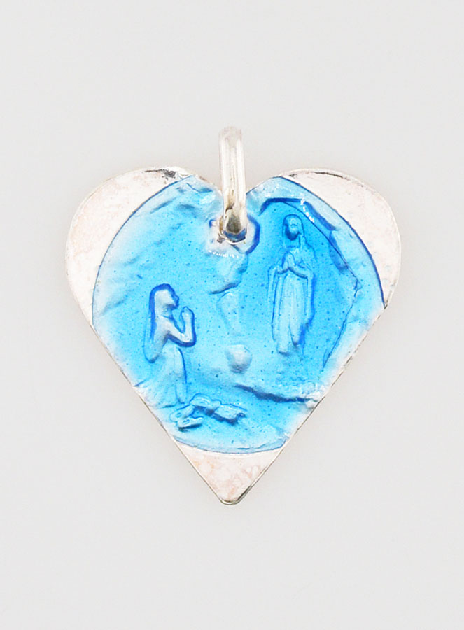 Médaille Notre Dame de Lourdes Coeur en Argent et Email -18mm (pic 1)