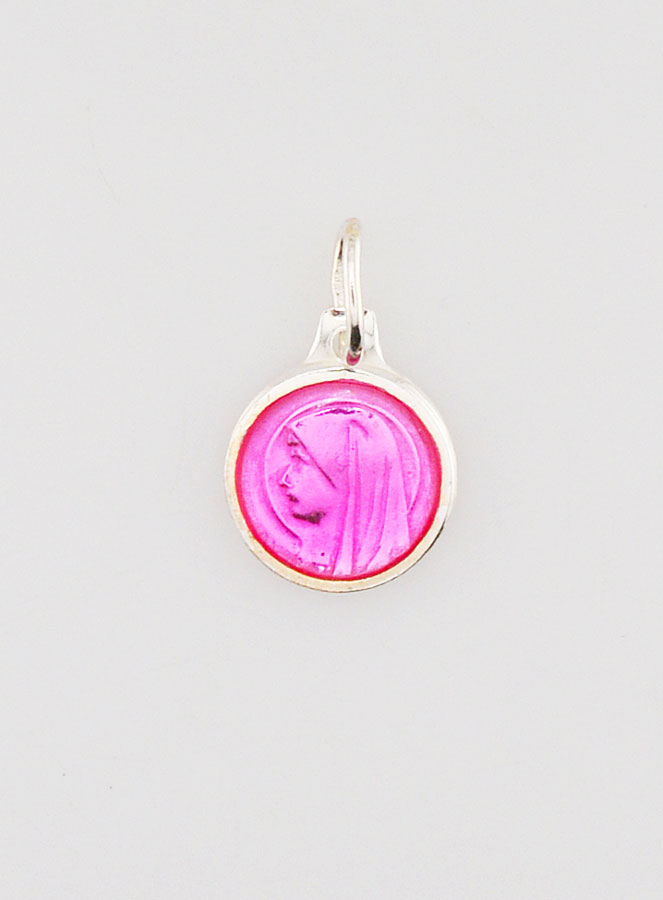 Médaille Vierge Marie Rose Fushia - Argent et Email - 10mm (pic 1)