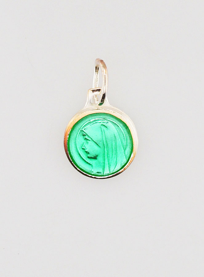 Médaille Vierge Marie Verte - Argent et Email - 10mm (pic 1)