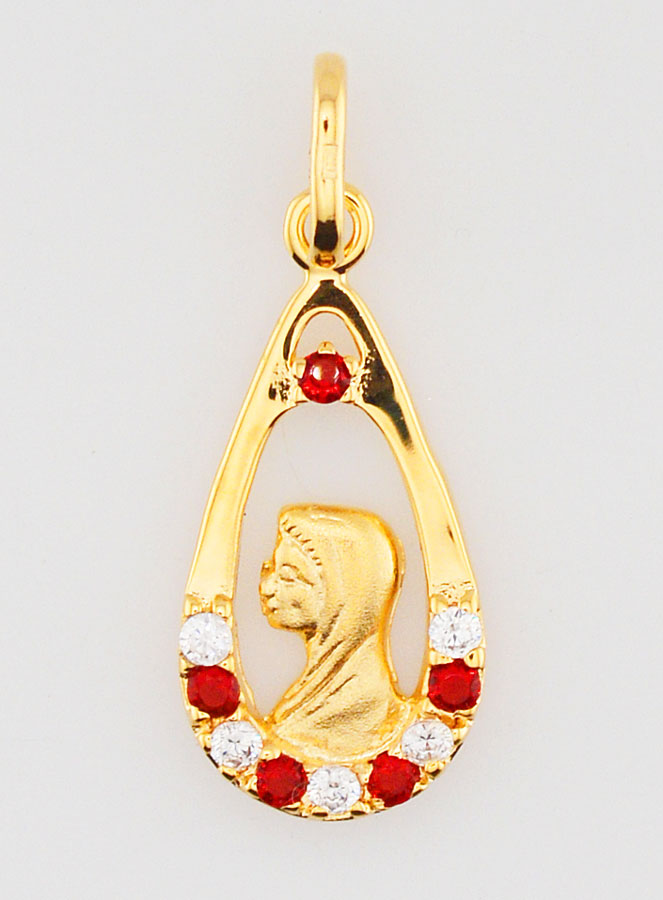 Pendentif Goutte Vierge Marie - Diamant Strass Rubis Plaqué Or (pic 1)