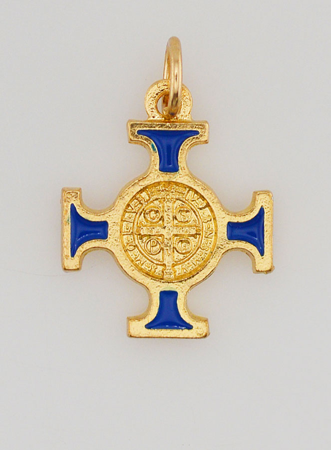 Pendentif Croix de Saint Benoit Dorée - Bleue - 2cm (pic 1)