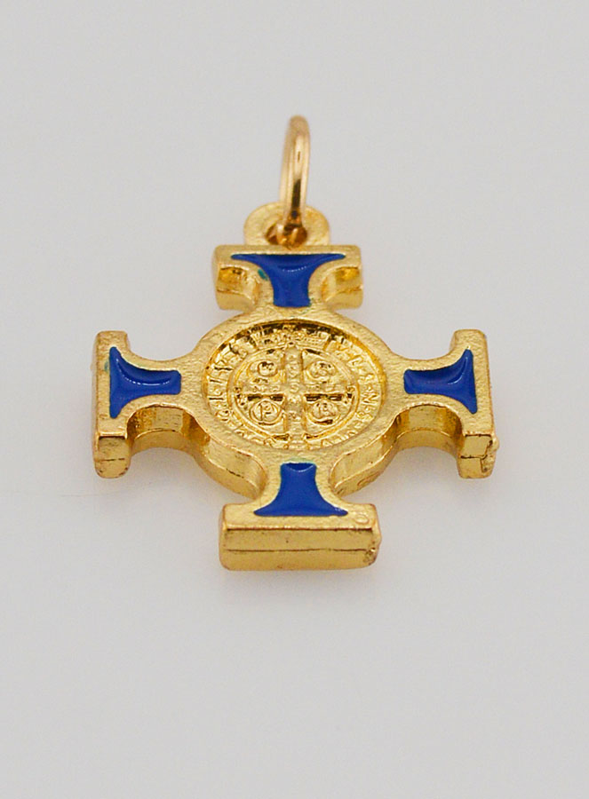 Pendentif Croix de Saint Benoit Dorée - Bleue - 2cm (pic 2)