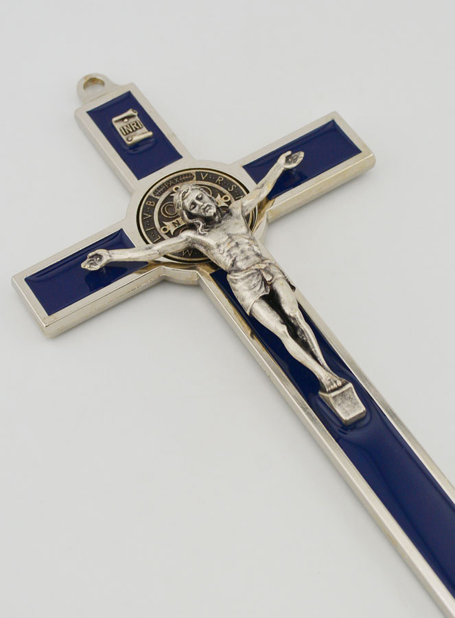 Croix De Saint Benoît En Métal Émaillé Bleu - 6 X 3 Cm | Croix De Table Avec Christ Et Médaille, Laiton Argenté