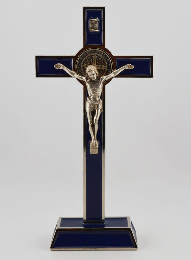 Crucifix Croix de Saint Benoit sur Socle - 20cm - Métal Bleu (pic 1)