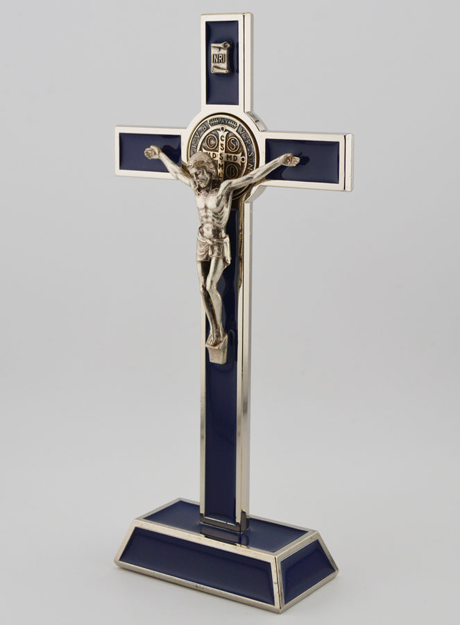 Crucifix Croix de Saint Benoit sur Socle - 20cm - Métal Bleu (pic 2)