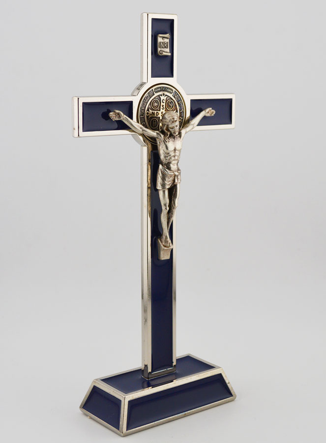 Crucifix Croix de Saint Benoit sur Socle - 20cm - Métal Bleu (pic 3)