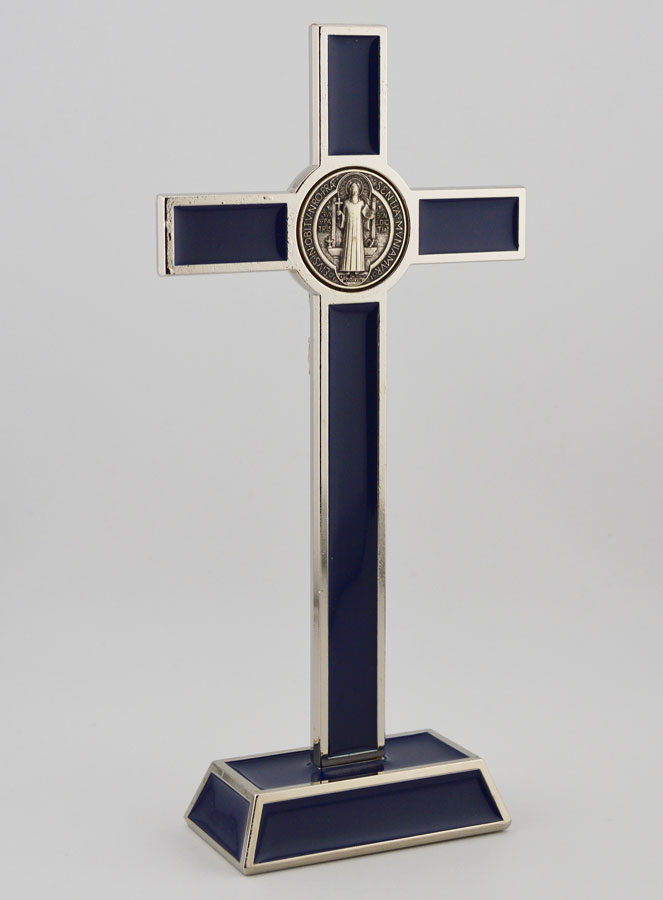 Crucifix Croix de Saint Benoit sur Socle - 20cm - Métal Bleu (pic 4)