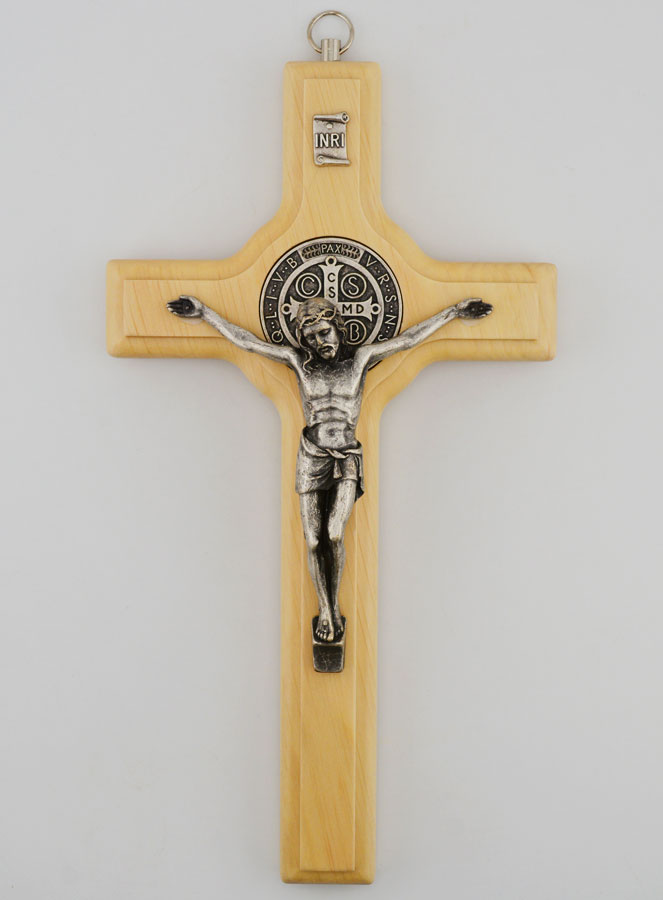 Crucifix Croix de Saint Benoit en Bois Ton Clair - 21cm (pic 1)