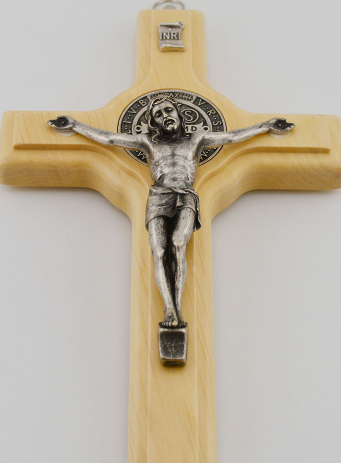 Crucifix Croix de Saint Benoit en Bois Ton Clair - 21cm (pic 2)
