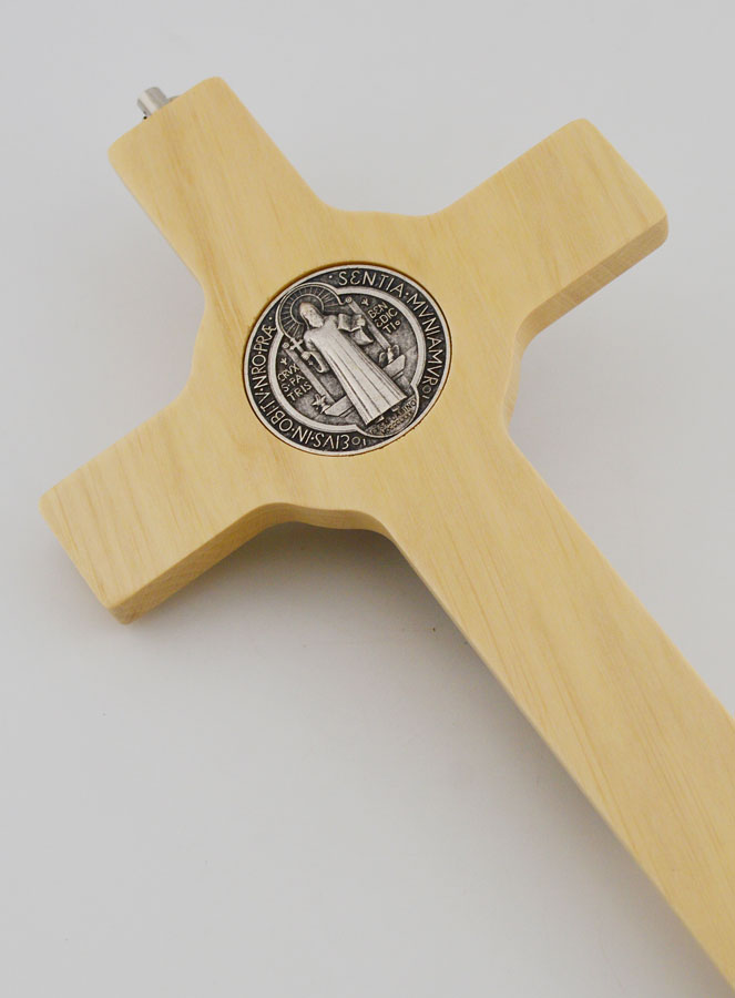 Crucifix Croix de Saint Benoit en Bois Ton Clair - 21cm (pic 4)