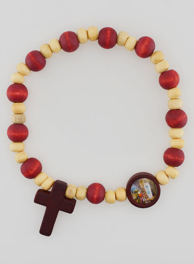 Bracelet Chapelet Dizainier en Bois 2 Tons - Médaille de Lourdes (pic 1)