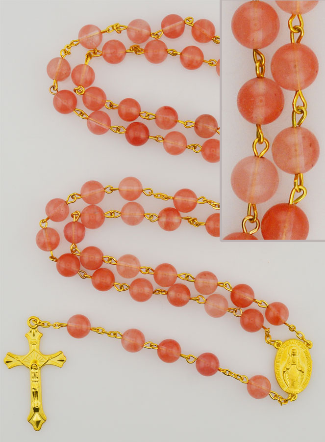 Chapelet Fashion en Perles de Quartz Rose Véritable et Chaîne Or (pic 1)