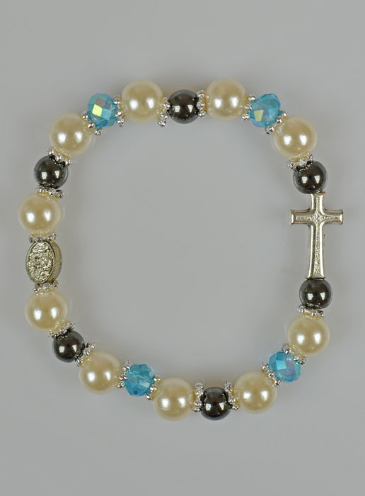 Bracelet Chapelet Cristal Bleu - Nacre et Perles Noires (pic 2)