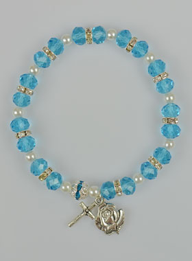 Bracelet Chapelet Cristal Bleu Ciel + Médaille de Lourdes + Croix (pic 1)
