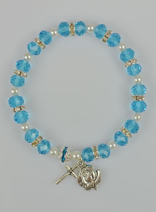 Bracelet Chapelet Cristal Bleu Ciel + Médaille de Lourdes + Croix (pic 2)