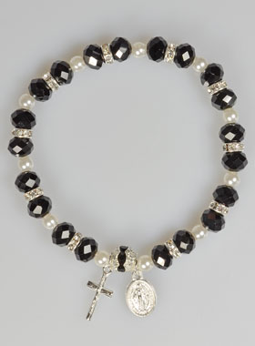 Bracelet Chapelet Cristal Noir + Médaille de Lourdes + Croix (pic 1)