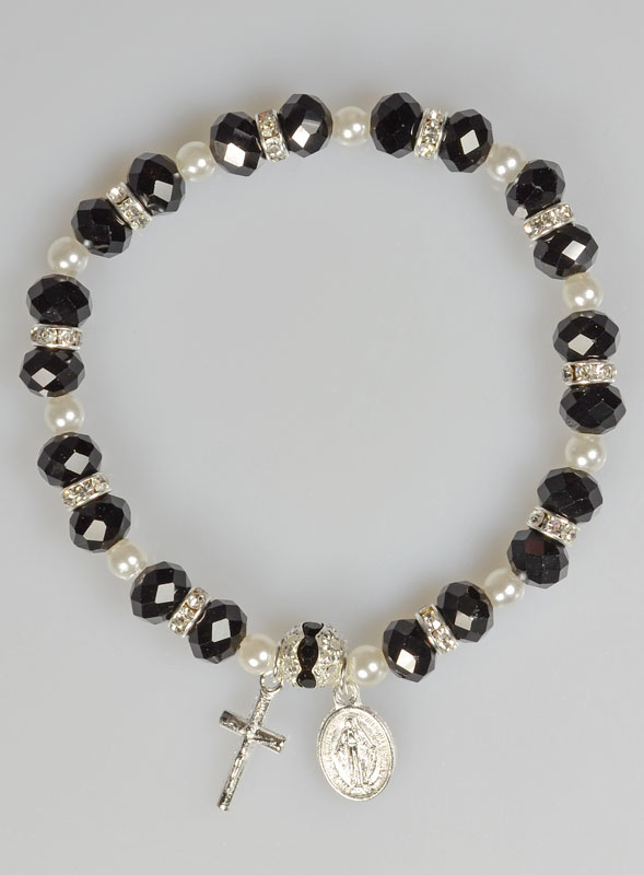Bracelet Chapelet Cristal Noir + Médaille de Lourdes + Croix (pic 2)