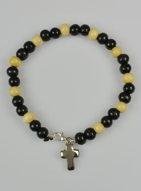 Bracelet Chapelet en Bois Noir et Naturel avec Croix (pic 1)
