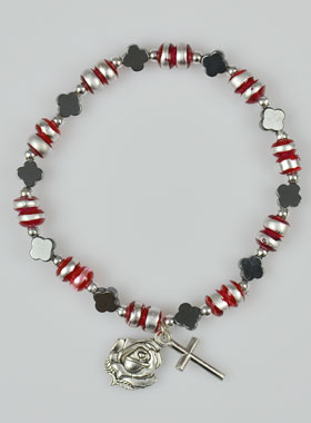 Bracelet Dizainier Perles Fleurs d'Hématite - Cristal Rouge (pic 1)