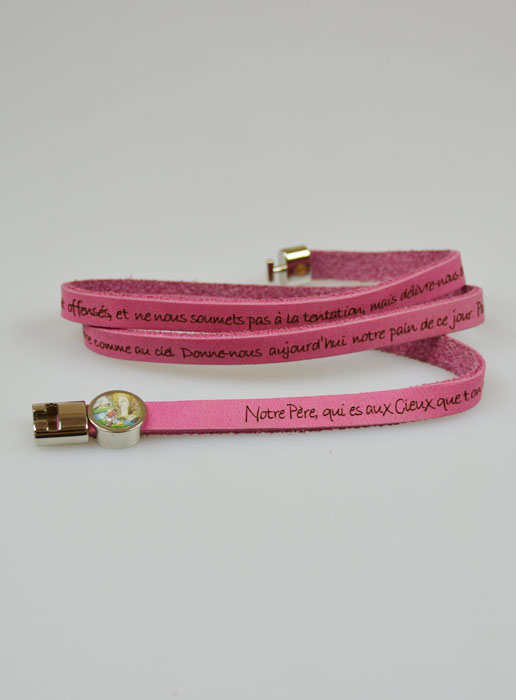 Bracelet Religieux Amen en Cuir Rose Fushia - Prière du Notre Père (pic 2)