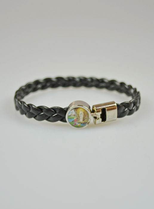 Bracelet Religieux Médaille de Lourdes et Cuir Noir (pic 2)