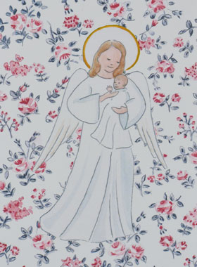 Carte de Baptême - Ange-Gardien Protecteur - Fleurs Roses (pic 1)