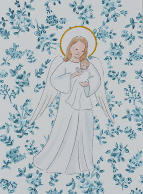 Carte de Baptême - Ange-Gardien Protecteur - Roses Bleu (pic 1)