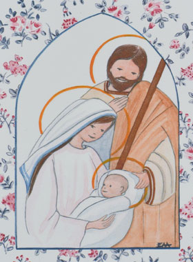 Carte de Baptême - Sainte Famille - Fleurs Rose (pic 1)