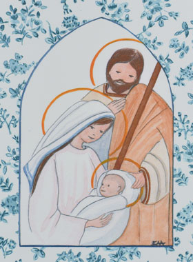 Carte de Baptême - Sainte Famille - Roses Bleu (pic 1)