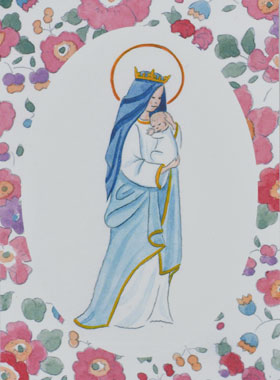 Carte de Baptême - Vierge Couronnée à l'Enfant Jésus - Fleurs Rose (pic 1)