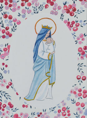 Carte de Baptême - Vierge Couronnée à l'Enfant Jésus - Fuchsia (pic 1)